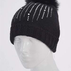 NEW Elegant Black Pom Pom Knit Hat with Rhinestone Accents